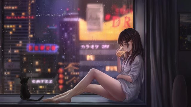雨夜朦胧中的孤单少女动态壁纸